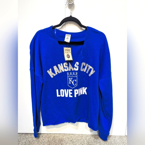 NWT, Kansas City Royals, Pink, Royals Blue, cut-out V-neck Sweatshirt - Picture 1 of 4